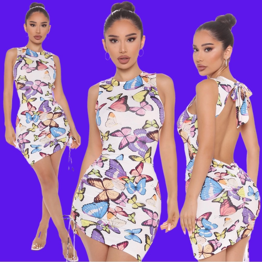 Fly Away Butterfly Print Mini Dress | White Combo
